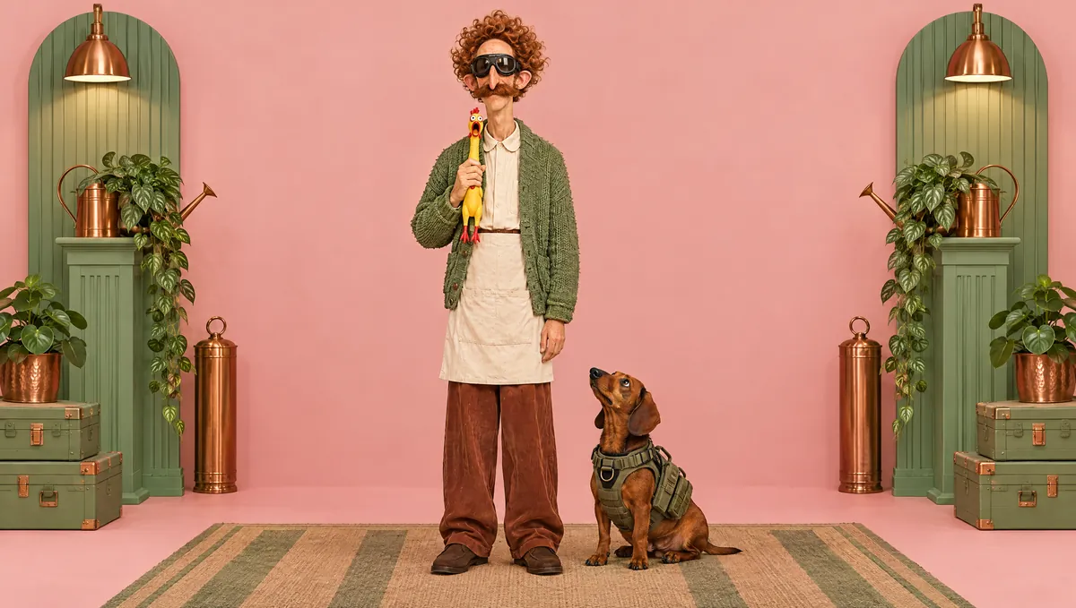 Daft wearing dog goggles and holding a rubber chicken, with a sausage dog at his feet