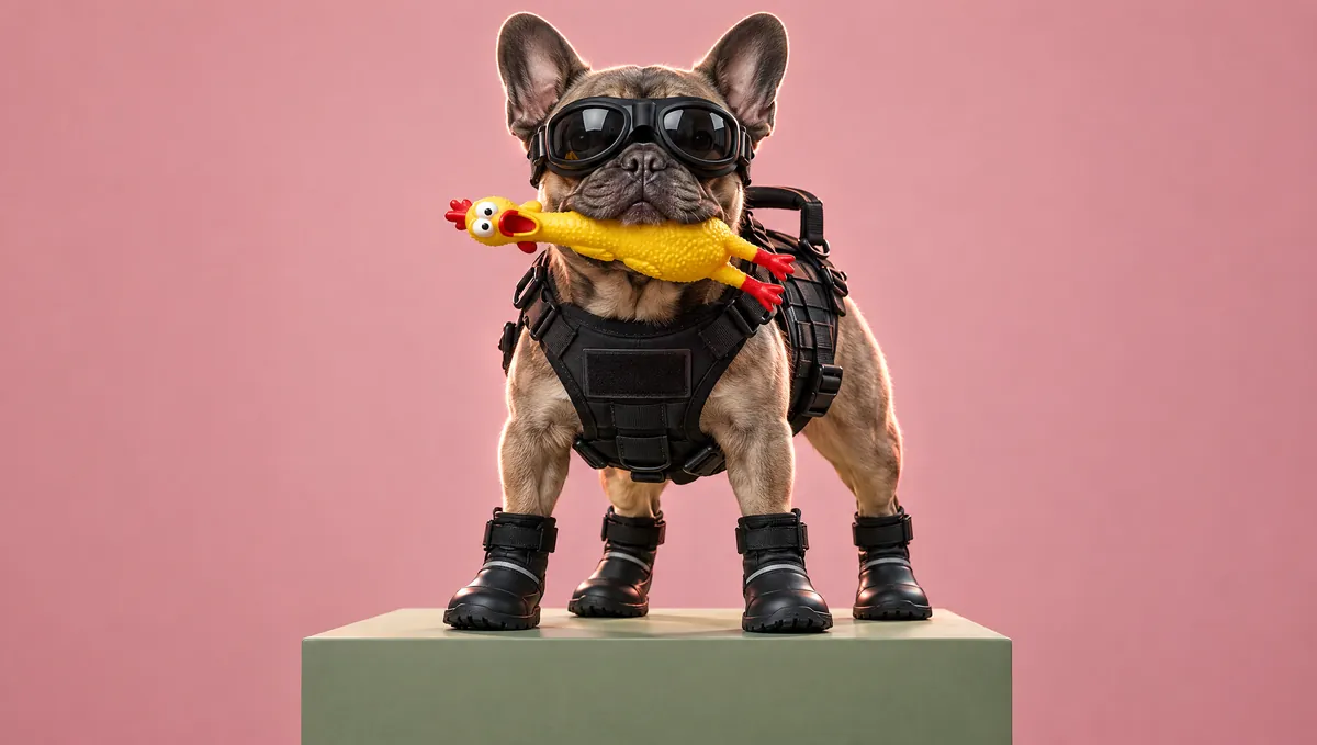 A French bulldog in goggles, harness and rain boots holding a rubber chicken