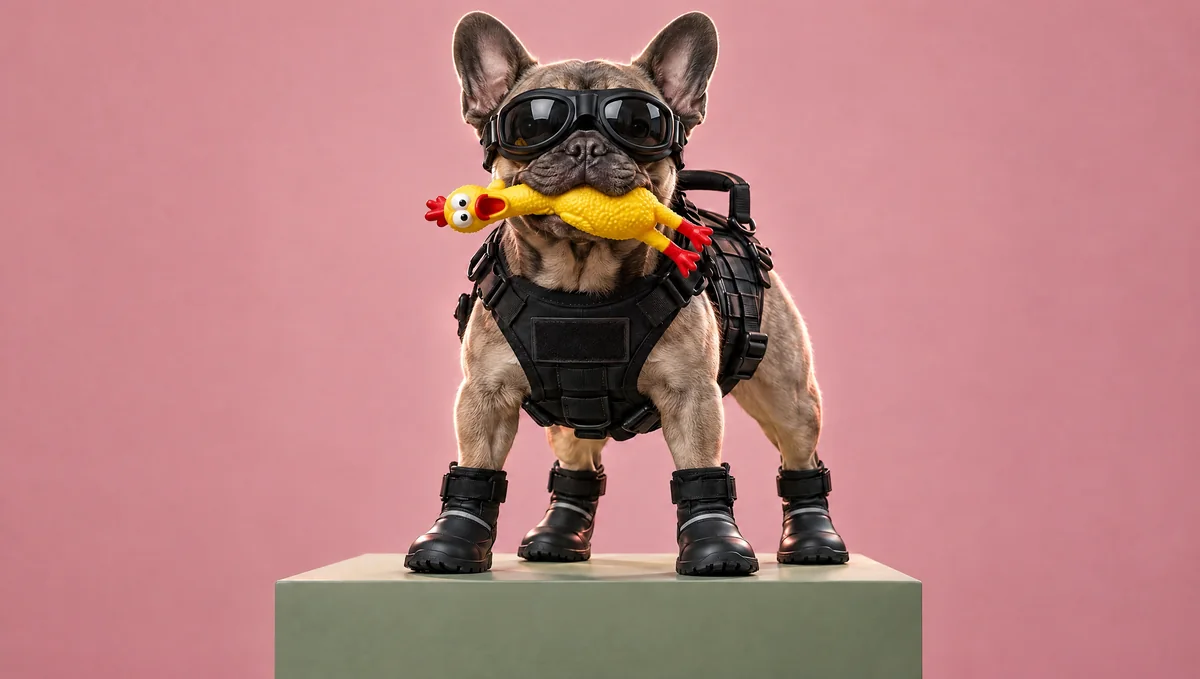 A French bulldog in goggles, harness and rain boots holding a rubber chicken