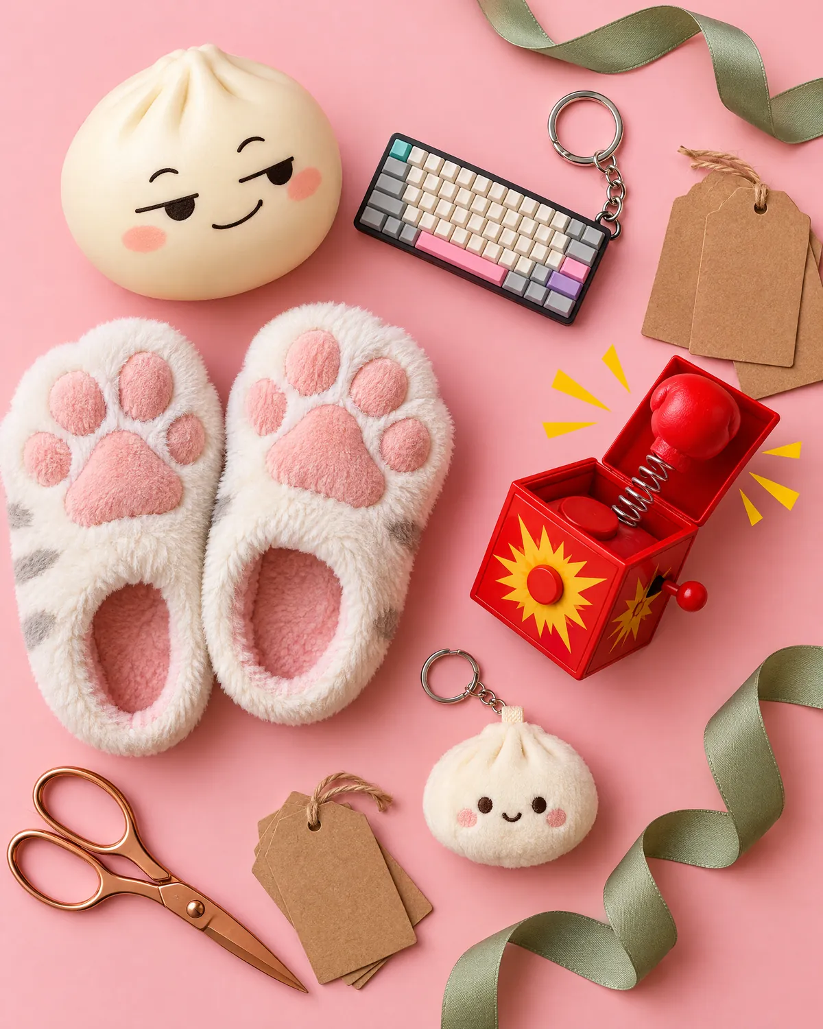 A flat-lay of squishies, slippers and prank toys on pink