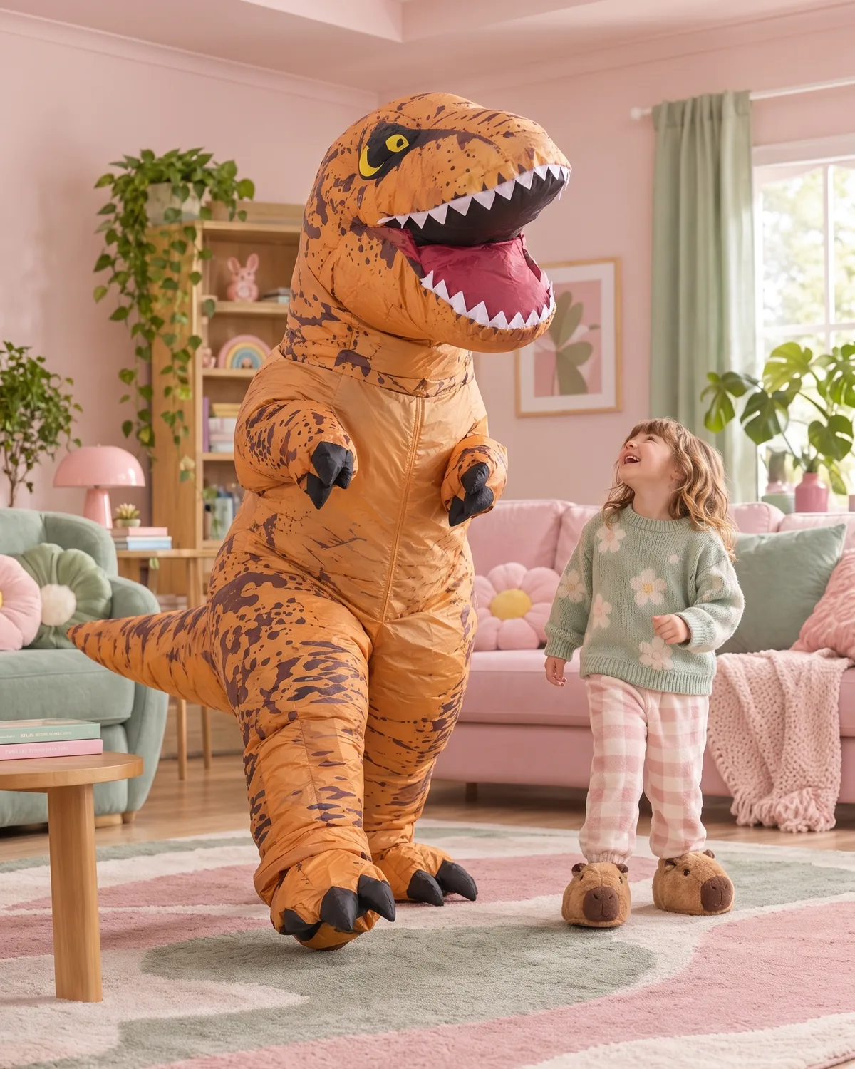 An inflatable T-rex costume and a laughing child in capybara slippers