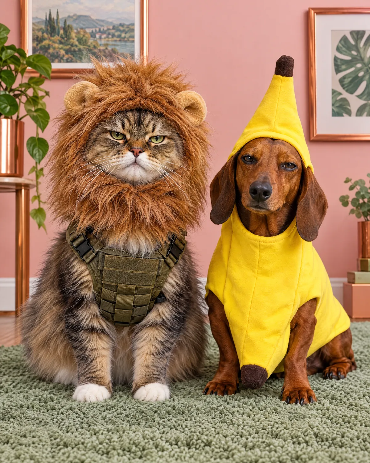 A cat in a lion mane and a dachshund in a banana costume