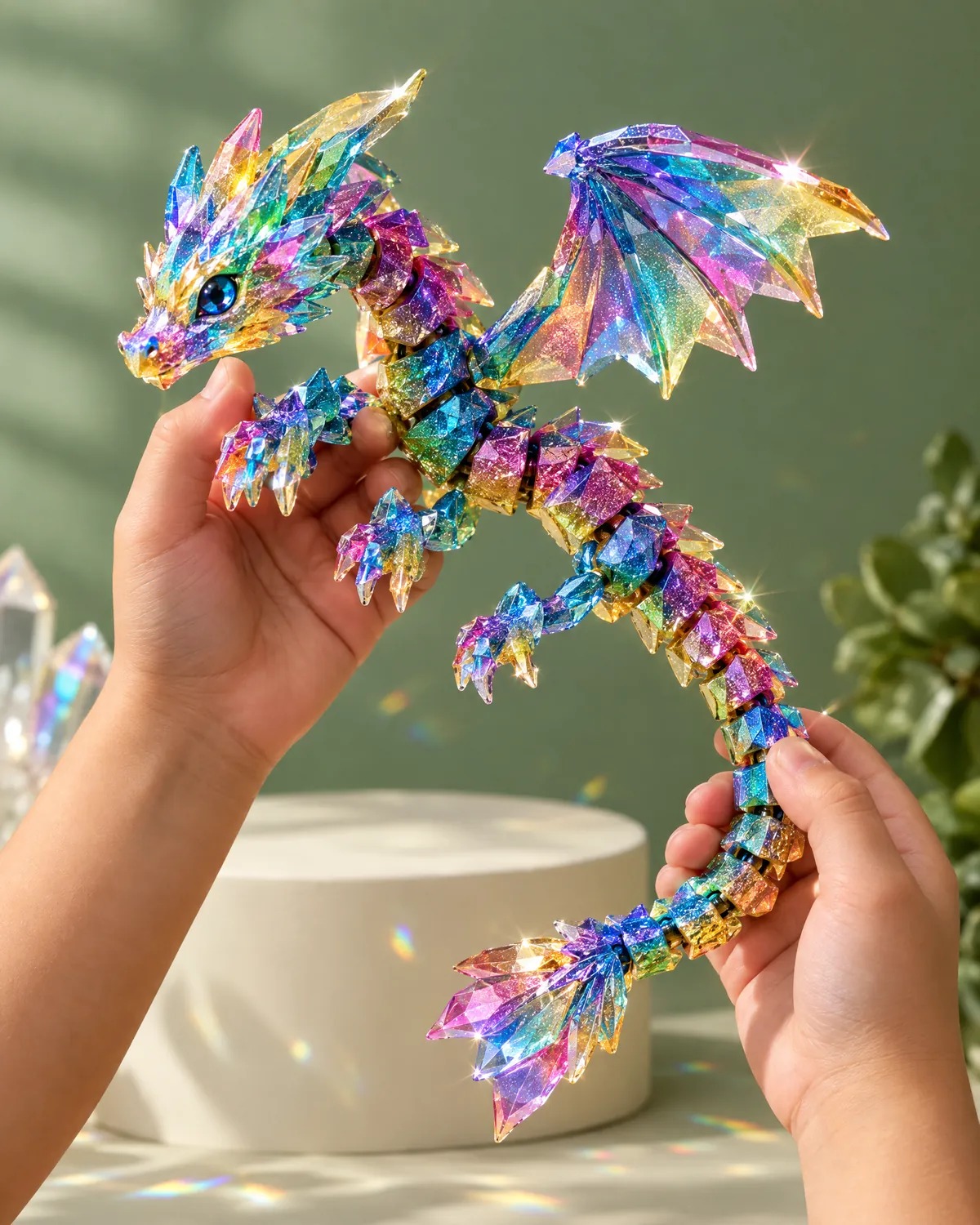 Hands holding a sparkling articulated gem dragon