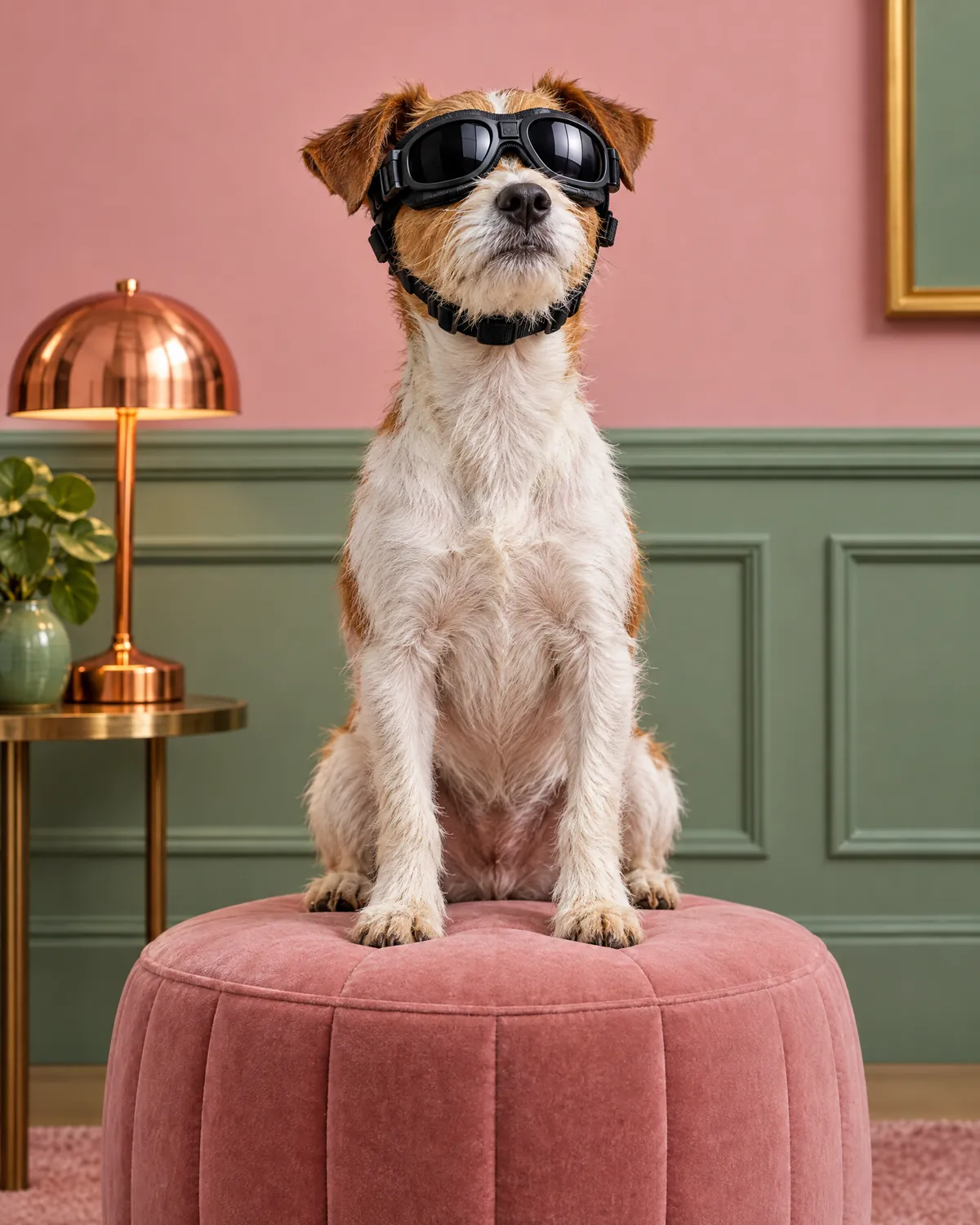 A terrier in black tactical dog goggles on a pink pouffe